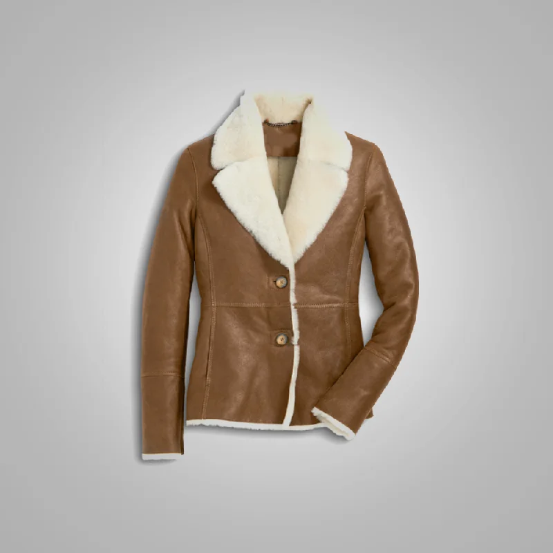 Camel Brown  Sheepskin Pilot Leather Aviator Jacket For Women