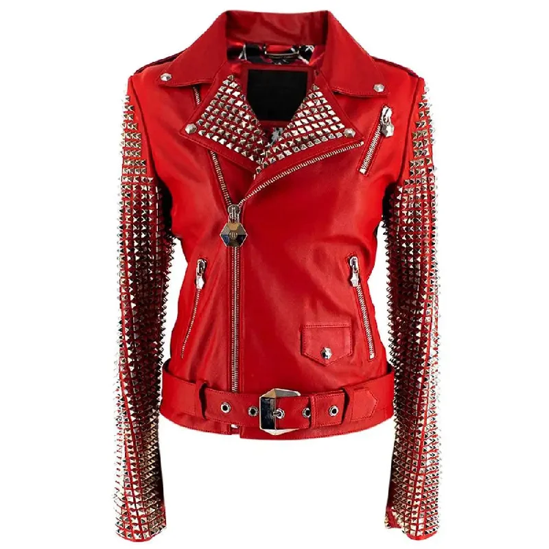 New Red studded Fashion Motorcycle Biker Leather Jacket For Women