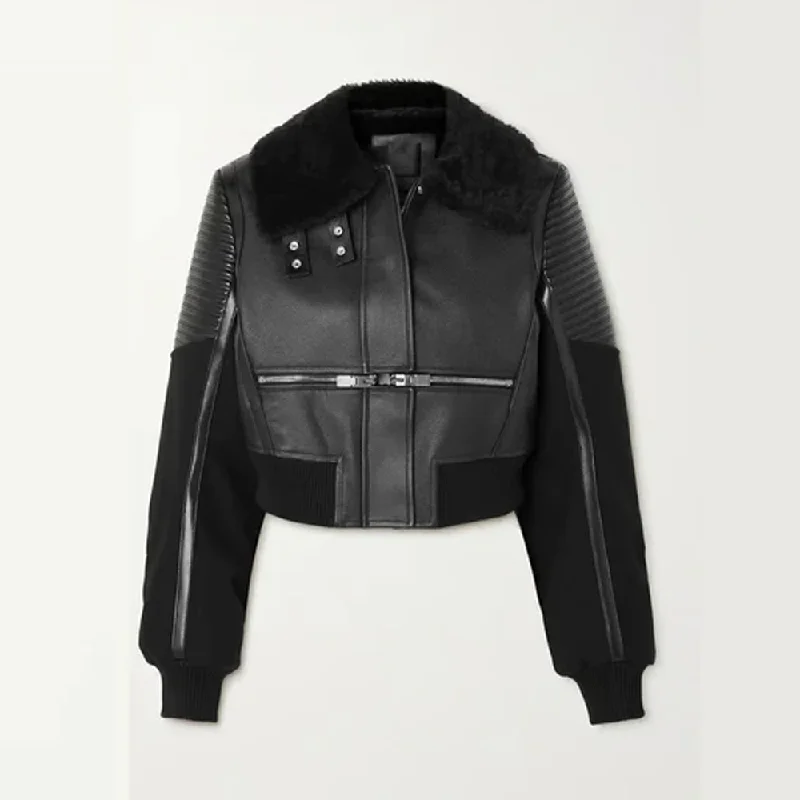 New Women Sheepskin Black trimmed textured-leather bomber jacket