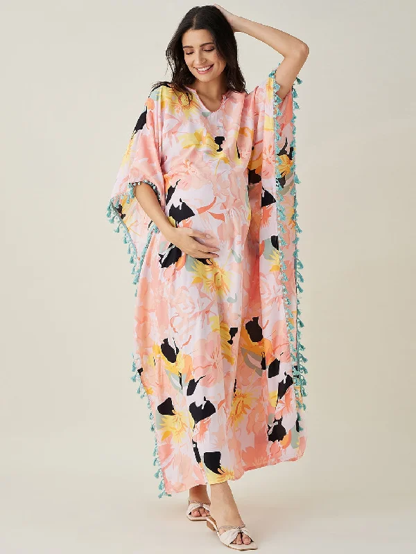 Women's Pink Abstract Floral Maternity Kaftan - The Kaftan Company