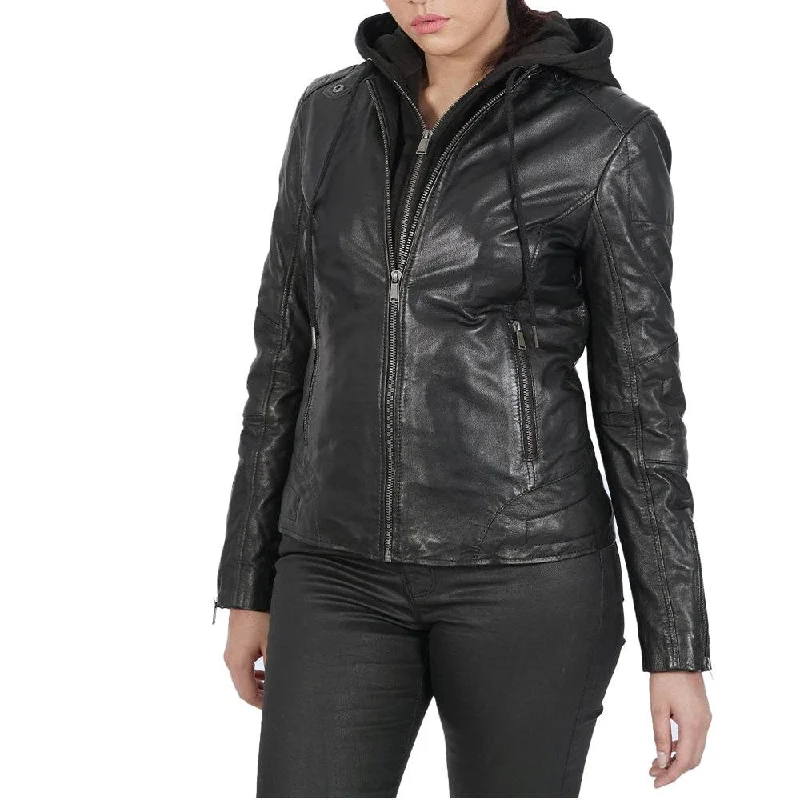 Winter Becky Hooded Black Leather Jacket