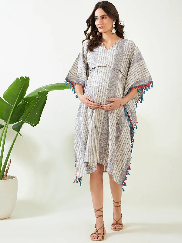 Women's Grey Striped Maternity And Feeding Kaftan - The Kaftan Company