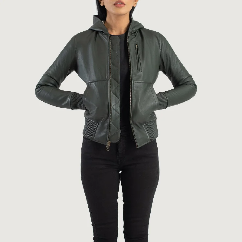 Women Flight Luna Green Hooded Leather Bomber Jacket