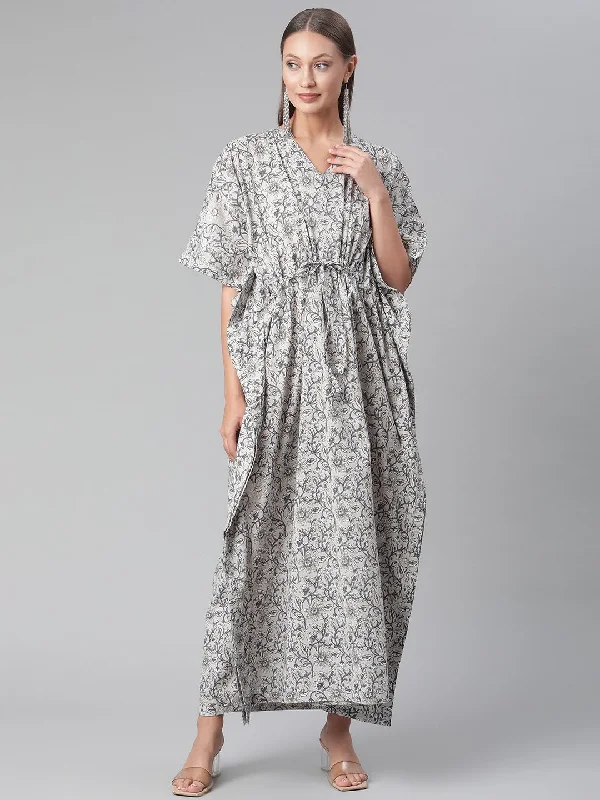 Women's Grey Floral Cotton Kaftan  - Wahenoor