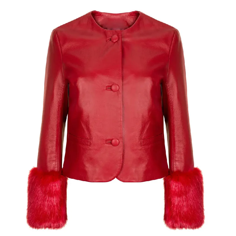 Women's Red Sheepskin Leather biker jacket with Faux Fur