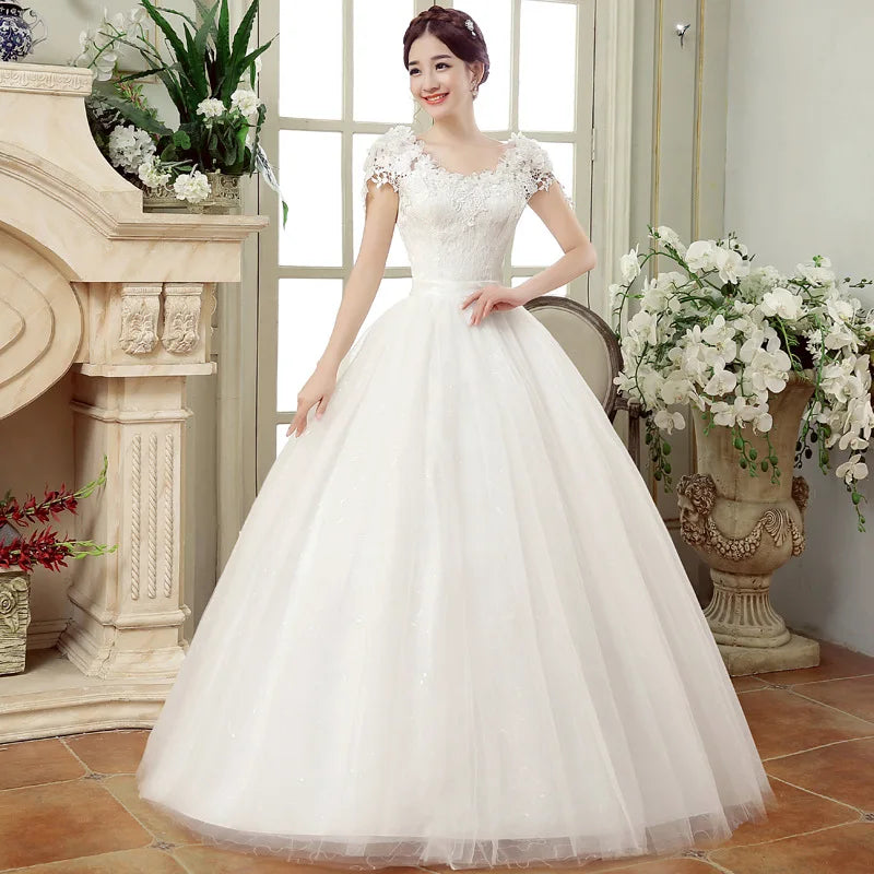 Elegant Wedding Dresses Short Sleeves V-Neck Net Rhinestone Backless