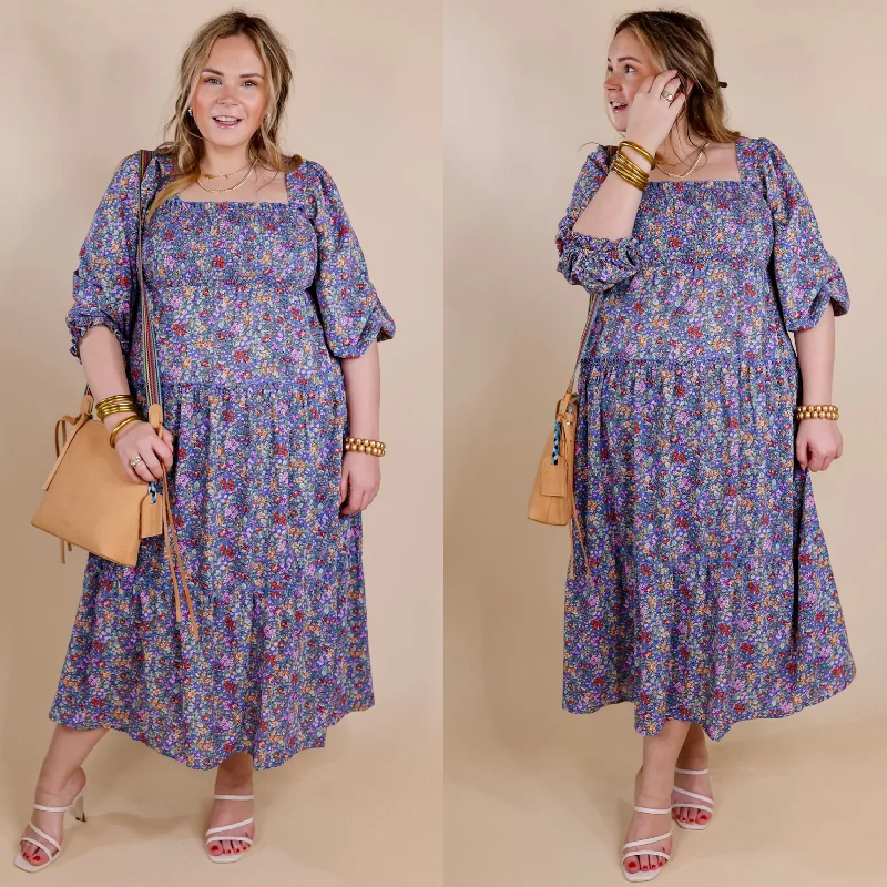 Last Chance Size Medium | Spring Blooms Smocked Floral Maxi Dress in Blue