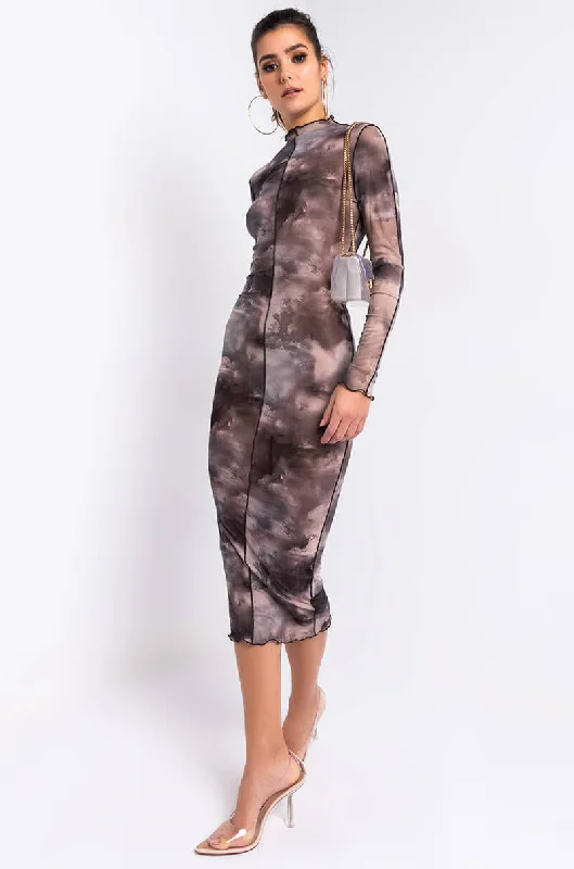 HEAD IN THE CLOUDS MESH MIDI DRESS BLACK MULTI