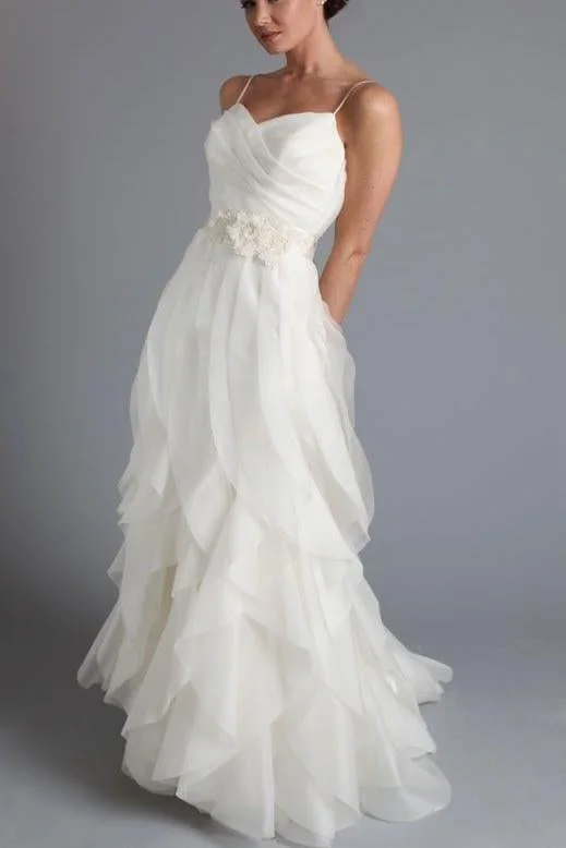 New Arrival White Ruffles Long Wedding Dresses,Simple Spaghetti Straps Brides Dress DM375