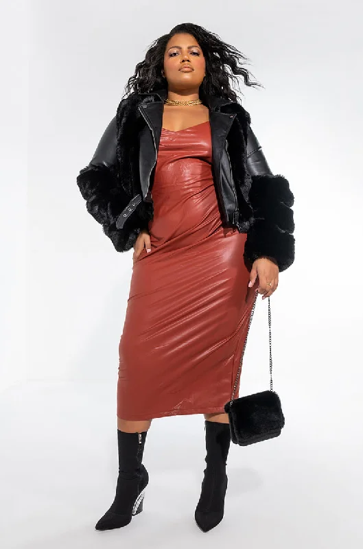 PREMIUM STRETCH VEGAN LEATHER MIDI DRESS rust