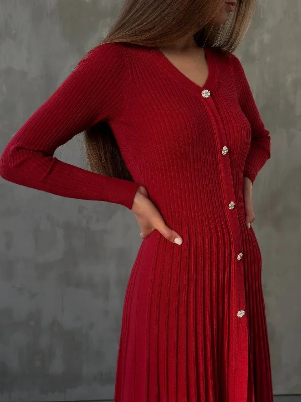 Ribbed Knit Button-Up Midi Dress