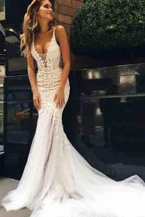 Sexy Mermaid Backless Long Tulle Wedding Dresses,White Beidal Dress stunning DM439