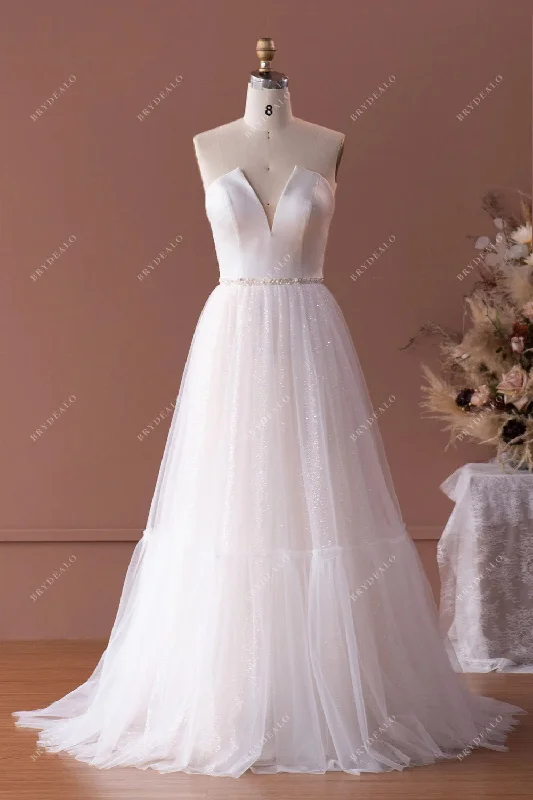 Custom-Made Satin Strapless A-line Tulle Glitter Wedding Dress