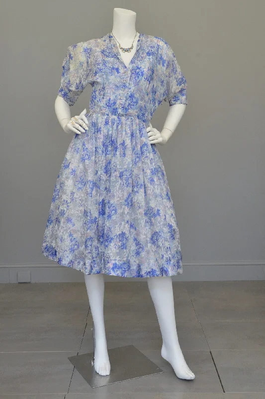 1940s 50s Semi Sheer Petal Print Two Piece Party Dress by Henry Rosenfeld