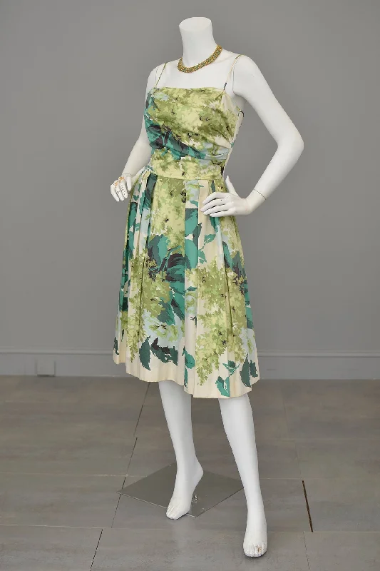 1950s 60s Water Color Hydrangea Floral Print Party Dress with Draped Bodice