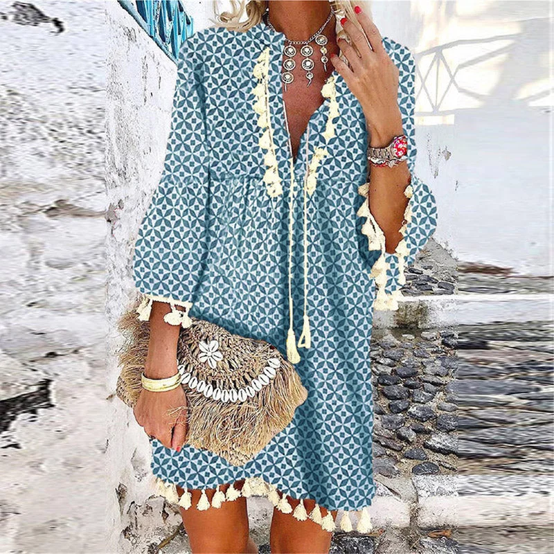 Women Elegant V-Neck Drawstring Tassel Design Party Dress