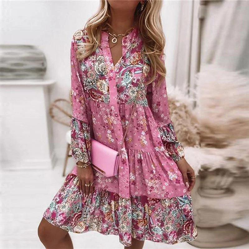 Women Ruffle Loose Women Party Dress Casual V Neck Beach Dress