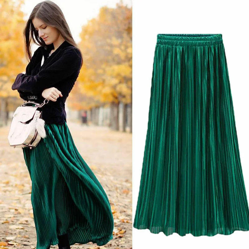 Spring Summer Pleated Skirt Womens Vintage High Waist Skirt Solid Long Skirts New Fashion Metallic Skirt Female