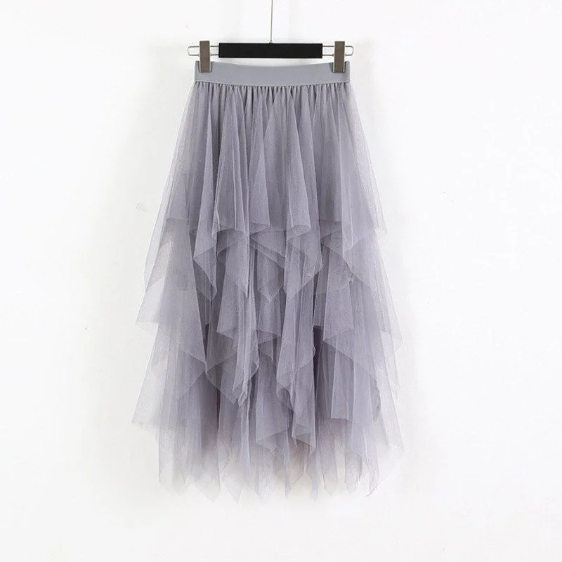 Women Irregular Hem Mesh Tutu Skirt Fashion Elastic High Waist Long Tulle Skirt   Fashion Spring Party Skirt for Ladies