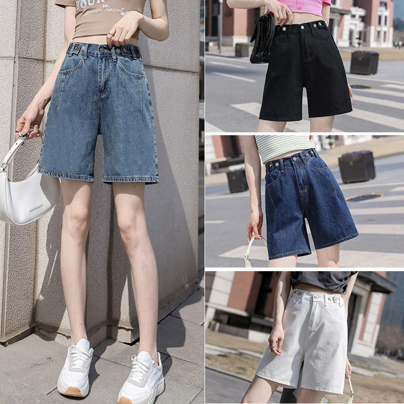 NiDELL Retro Denim Shorts Women's Summer . New High Waist Wide Leg Slimming Design Straight Fifth Jeans