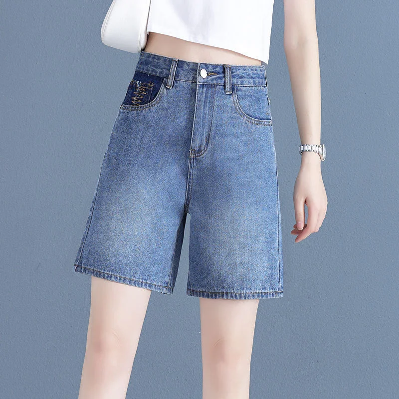 NiDELL Retro Denim Shorts Women's Summer . New High Waist Wide Leg Slimming Design Straight Fifth Jeans