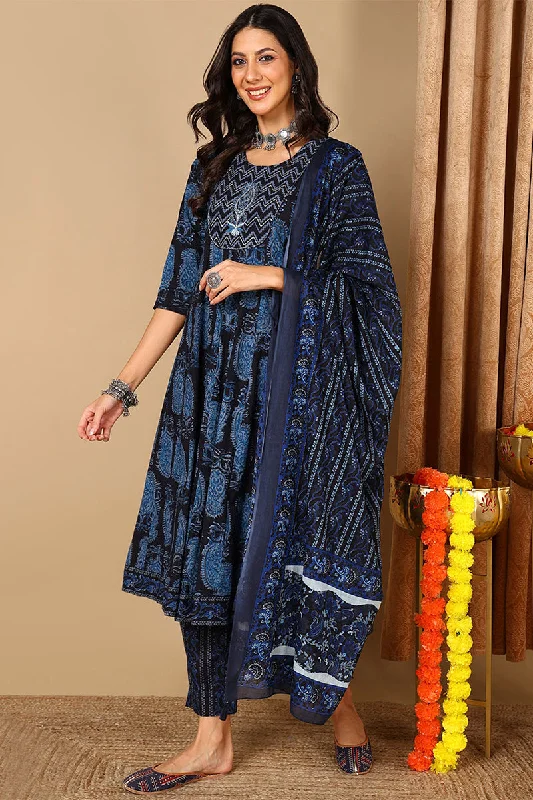 Women's Blue Pure Cotton Ethnic Motifs Printed Yoke Design Anarkali Suit - Rasiya