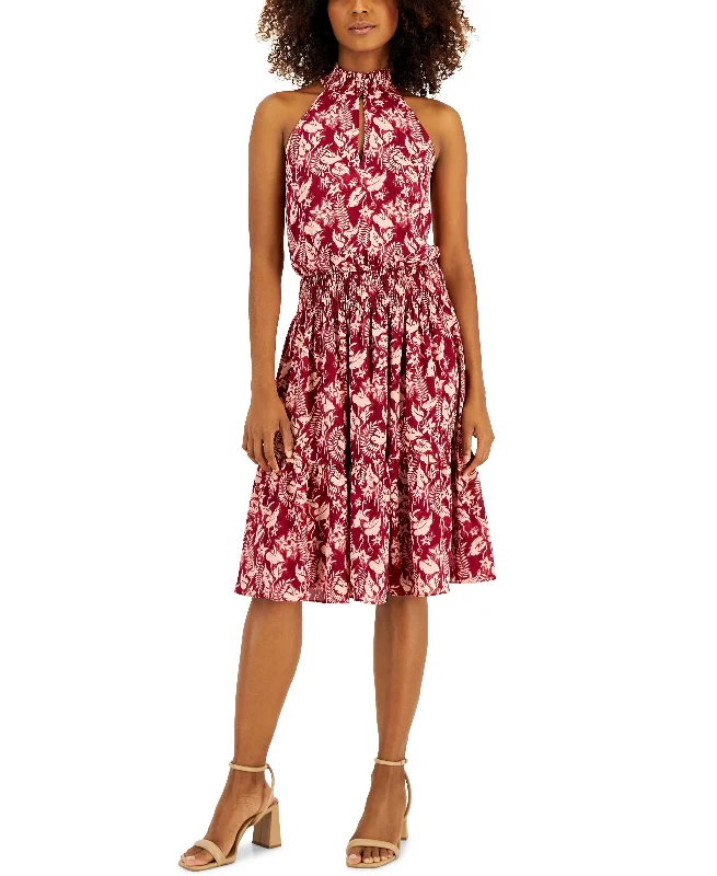 Women's Botanical-Print Smocked-Waist Halter Dress