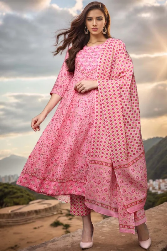 Women's Pink Pure Cotton Floral Anarkali Suit Set - Rasiya