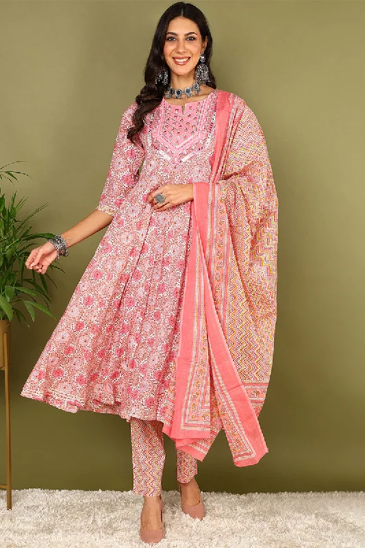 Women's Pink Pure Cotton Floral Printed Yoke Design Anarkali Style Suit Set - Rasiya