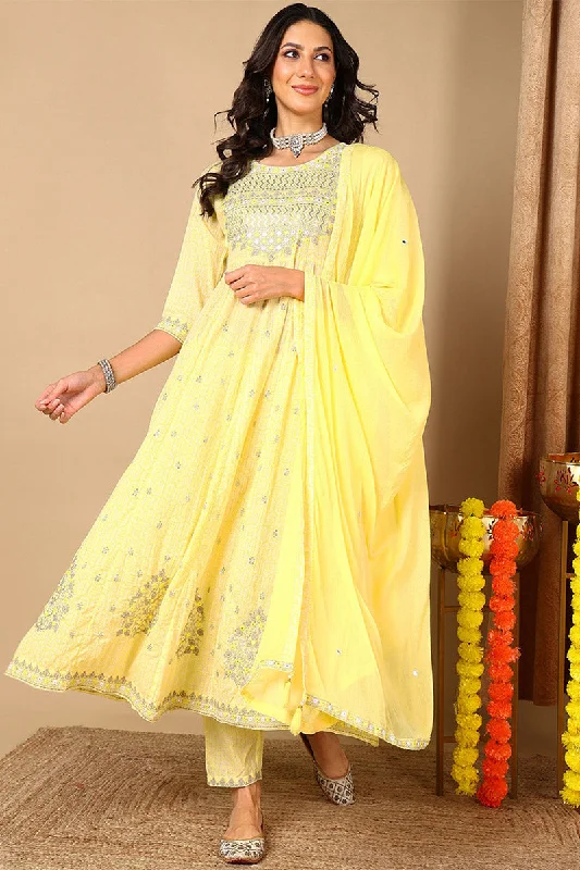 Women's Yellow Pure Cotton Geometric Printed Embroidered Anarkali Suit Set - Rasiya