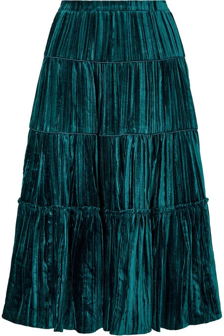 Tiered plissé-velvet midi skirt