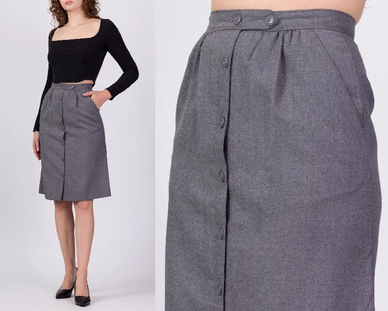 80s Grey Button Up Midi Skirt - XS to Small, 25"