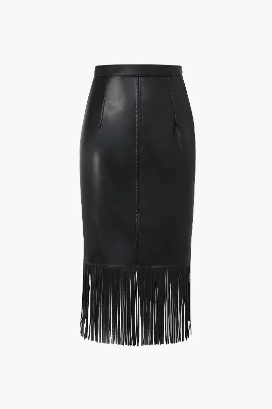 Fringe Hem Faux Leather Midi Skirt