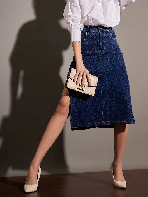 Lyush Women Navy Denim Side Slit Midi Skirt