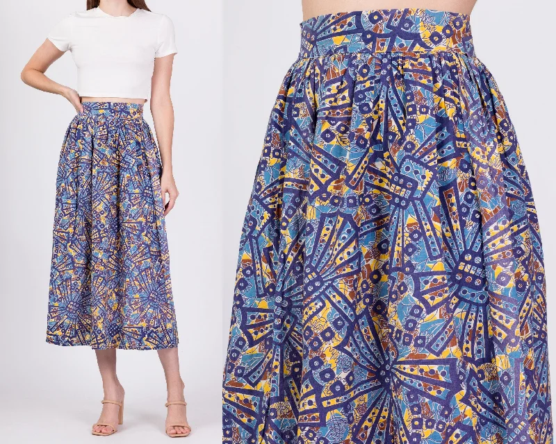 Vintage Boho African Wax Print Midi Skirt - Extra Small, 25"