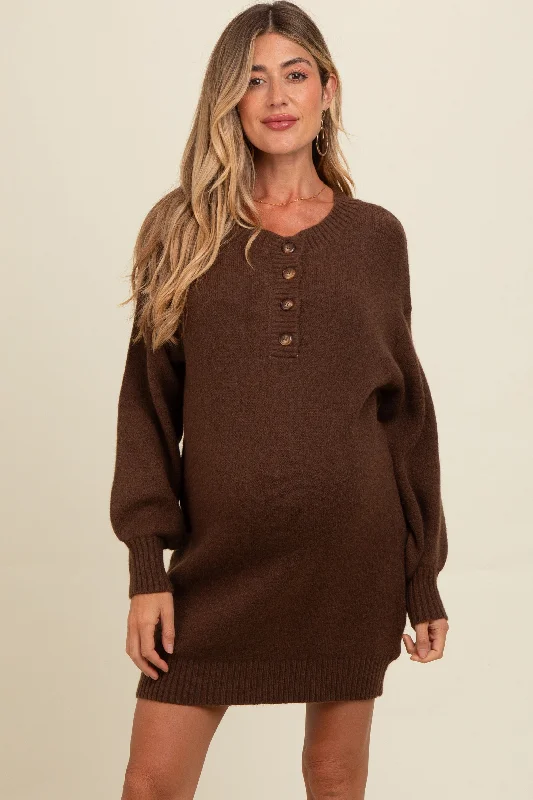 Brown Half Button Up Maternity Mini Sweater Dress