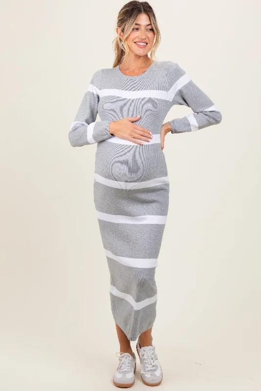 Heather Grey Striped Knit Long Sleeve Maternity Midi Sweater Dress