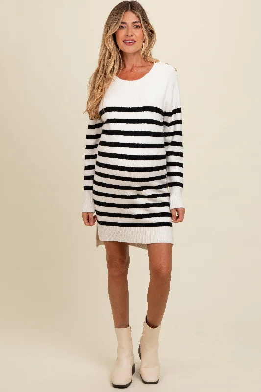 Ivory Striped Basic Maternity Sweater Dress