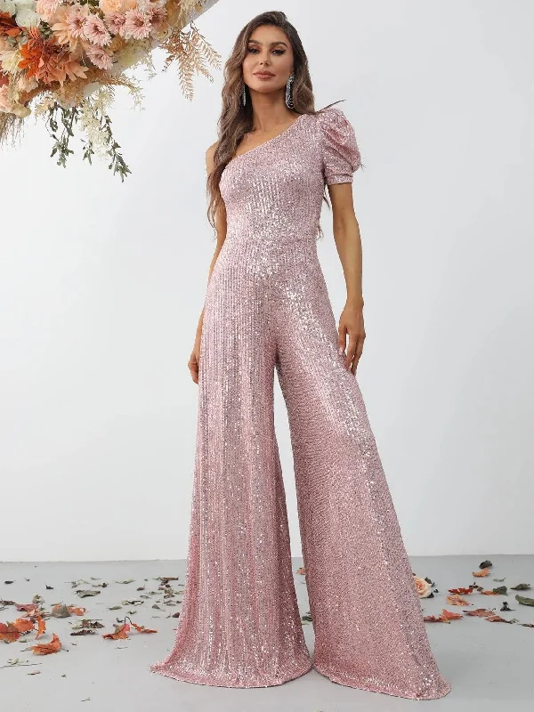 Elegant One Shoulder Short Sleeve Sequin Jumpsuit