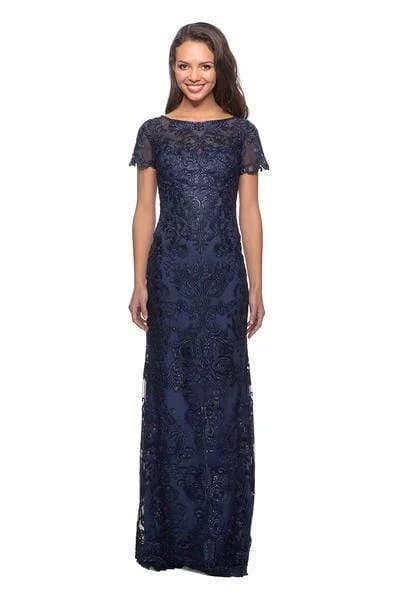 La Femme - Illusion Bateau Jewel-Adorned Lace Sheath Dress 26405SC