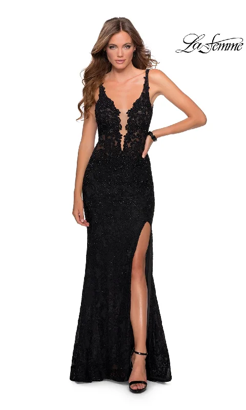 La Femme Cut-Out Back Long Lace Prom Dress