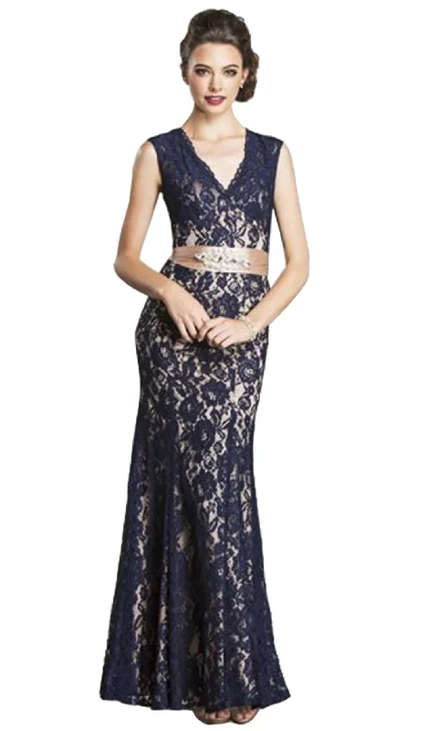 Trevi Collection - Sleeveless Long Lace Dress with Satin Ribbon