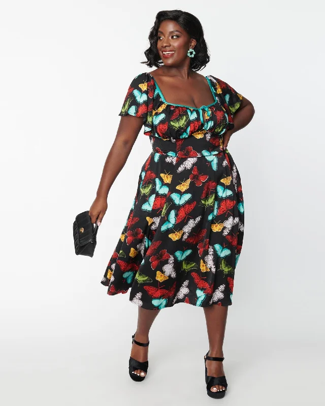 Unique Vintage Plus Size Black & Multi Butterfly Print Swing Dress | Black & Multi Butterfly Print