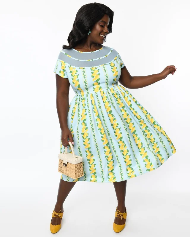 Unique Vintage Plus Size Mint & Lemon Print Flare Dress | Mint & Lemon Print