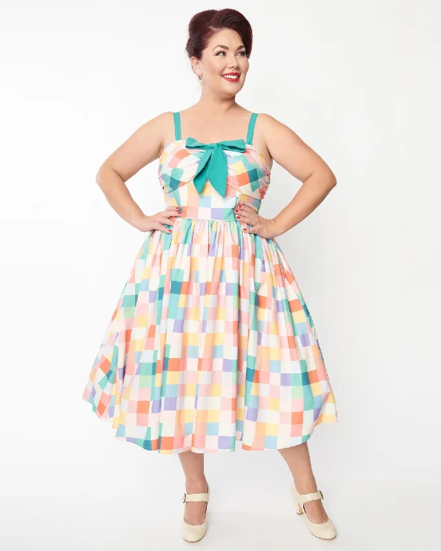 Unique Vintage Plus Size Pastel Rainbow Checkered Golightly Flare Dress | Pastel Rainbow Checkered