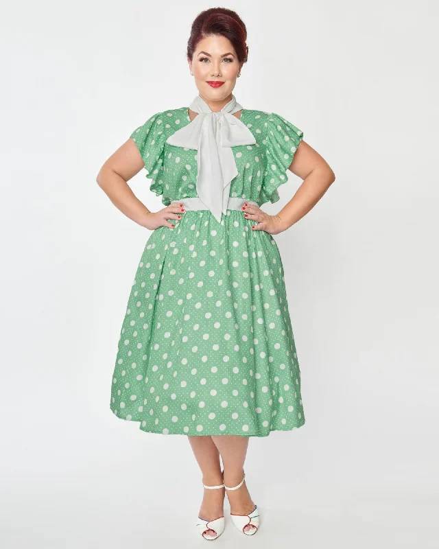 Unique Vintage Plus Size Sage & White Polka Dot Flutter Swing Dress | Sage & White Polka Dot