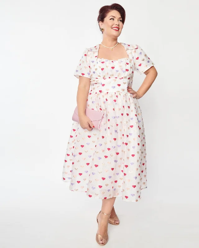 Unique Vintage Plus Size White & Multi Hearts Crinkle Libby Swing Dress | White & Multi Hearts