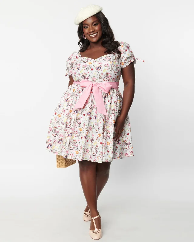 Unique Vintage Plus Size White & Pink Paris Print Dakota Flare Dress | White & Pink Paris Print