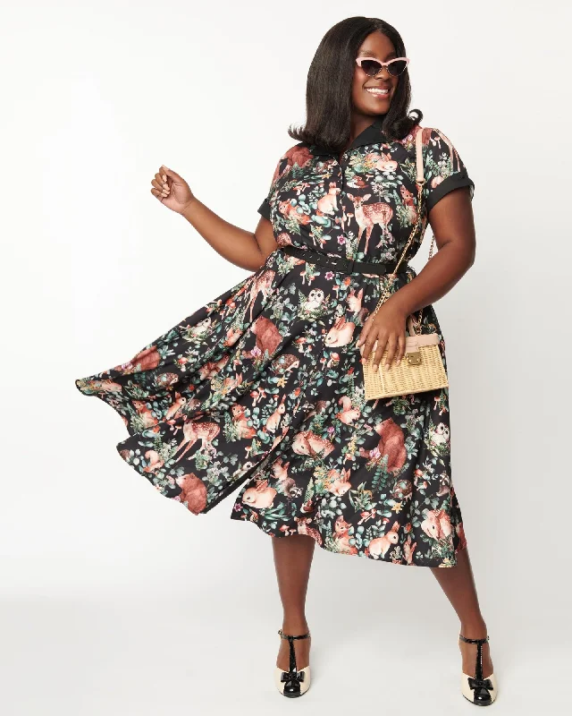 Unique Vintage Plus Size Woodland Creatures Print Alexis Swing Dress | Woodland Creatures