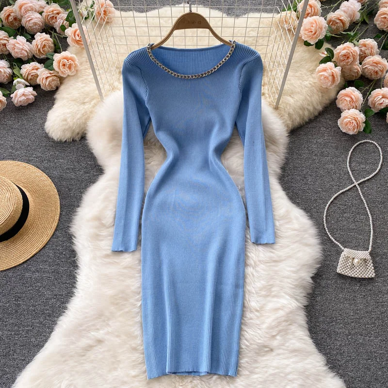 Autumn Winter Long Sleeve Ribbed Knitted Dress Round Neck Chain Night Club Sexy Bodycon Dress